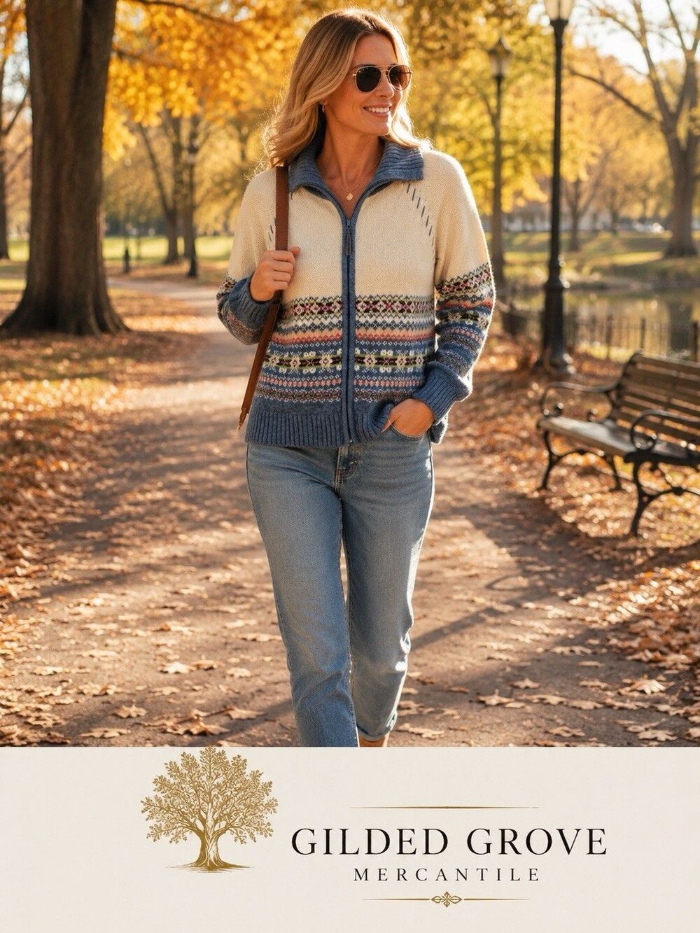 Tiara International Fair Isle Knit Zip Cardigan Sweater Blue Cream Nordic Y2K Lg